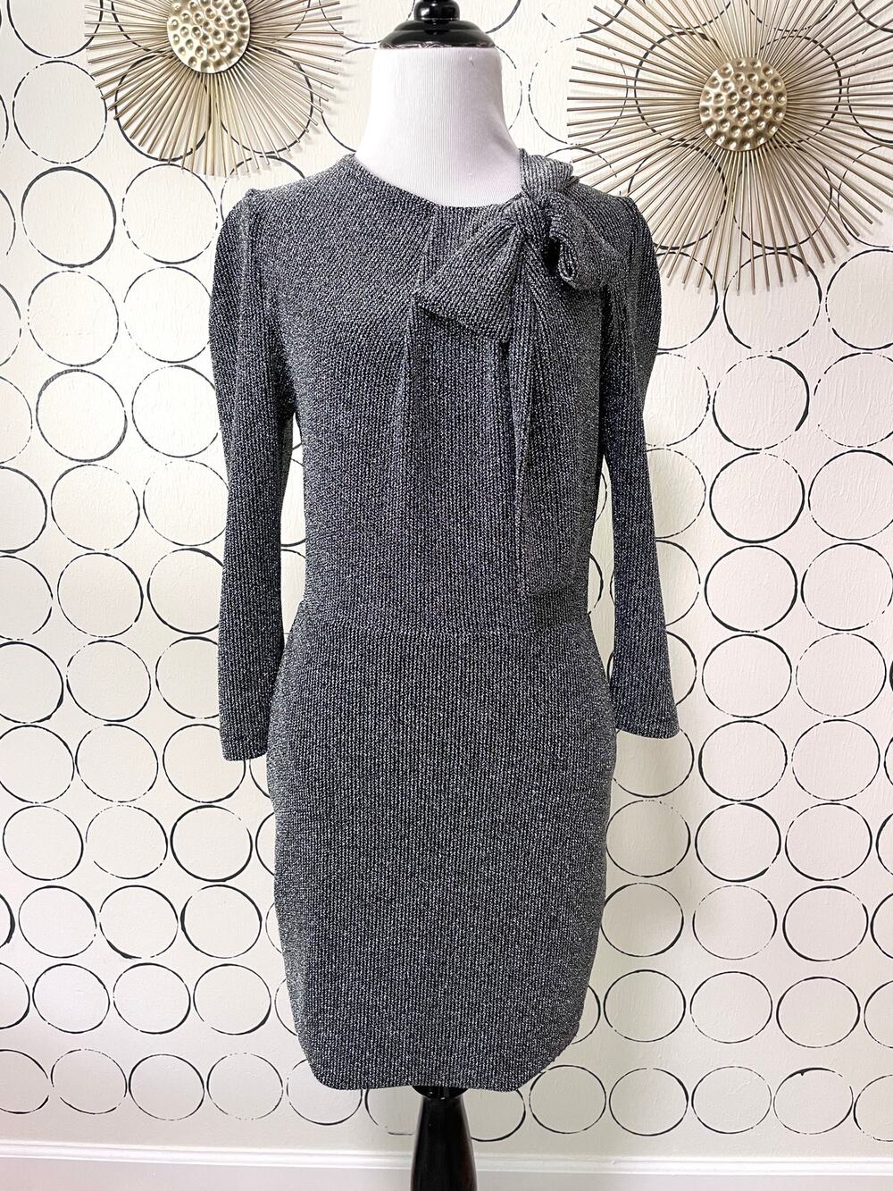 IRO Women Metallic Mini Dress 38 Silver Bow Glam Party Puff Sleeve Preppy